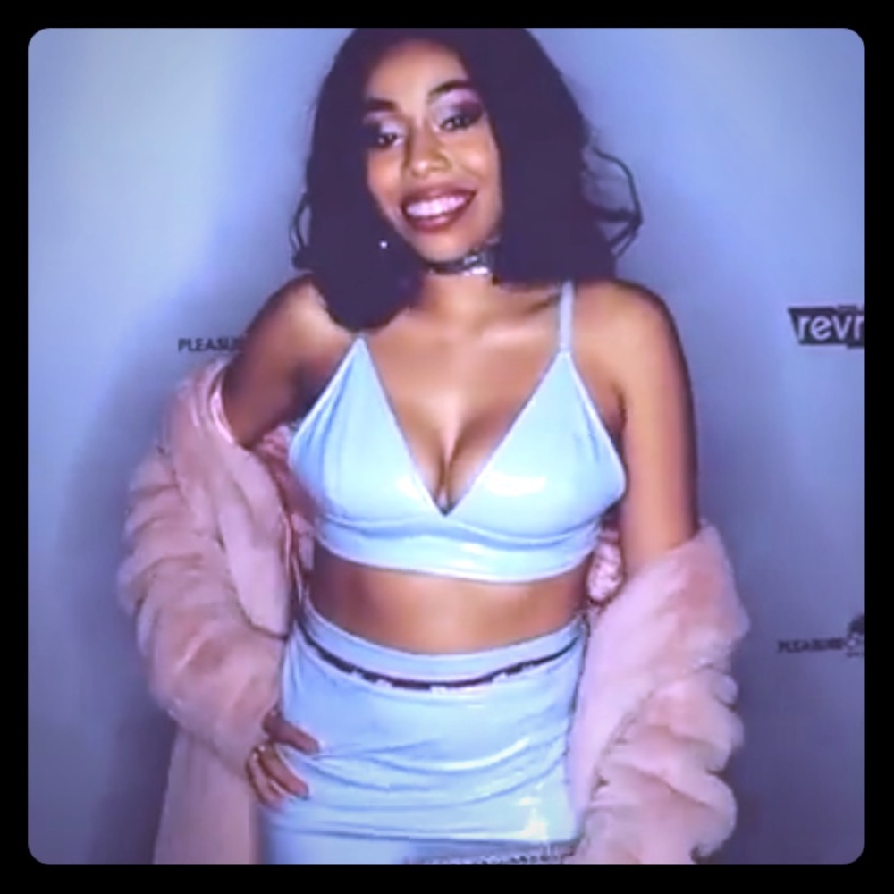 Light blue latex top and skirt